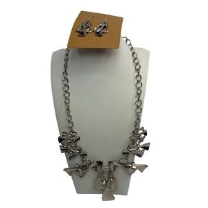 Silver Tone Abstract Geometric Rhinestone Statement Bib Necklace & Earring Set